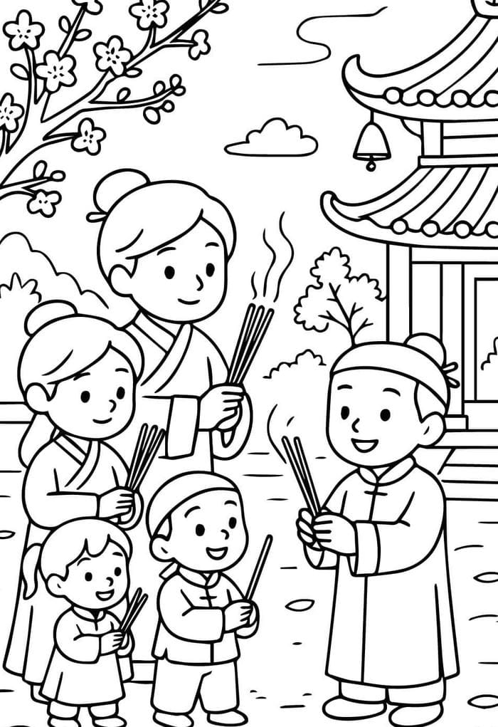 tranh tô màu tết đi chùa
