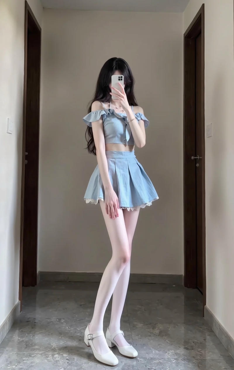 Gái xinh mặc váy ngắn tạo dáng trước gương phòng ngủ