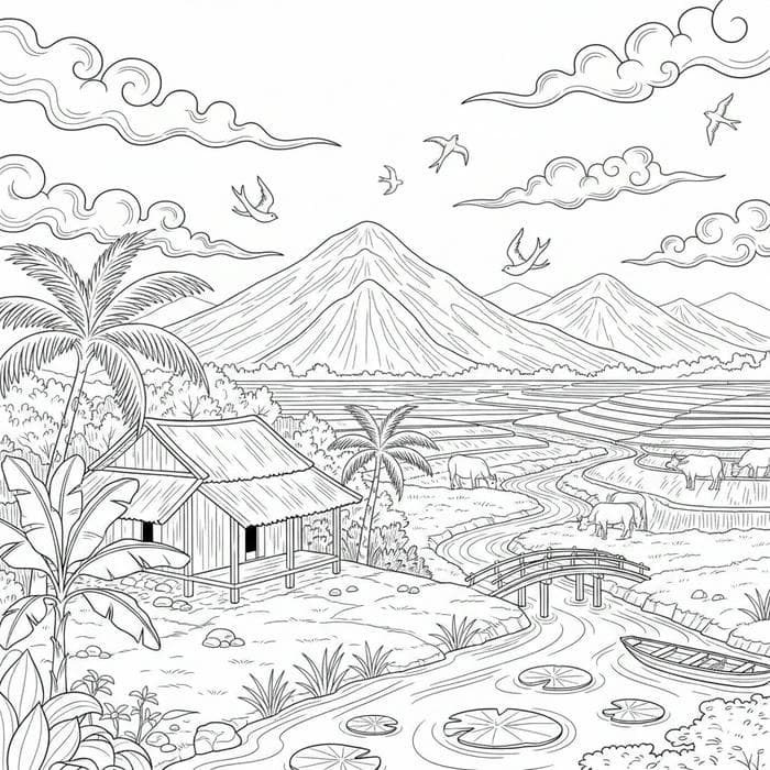ảnh tranh tô màu quê hương trong lành