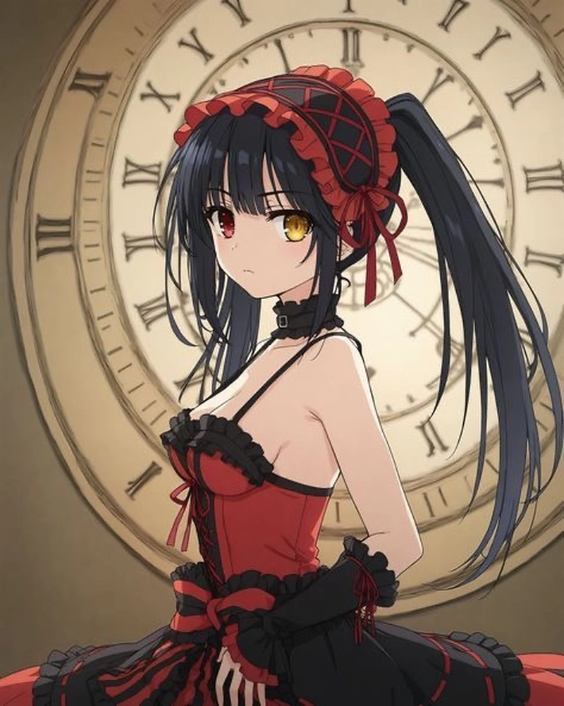 Ảnh anime Kurumi đứng trước chiếc đồng hồ lớn phía sau