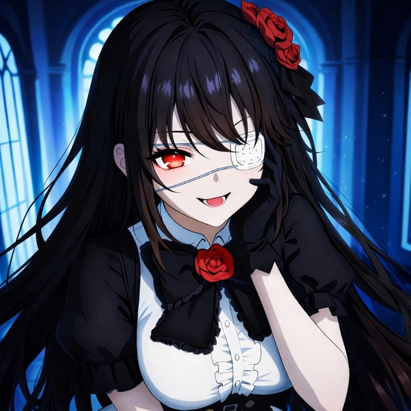 Anime Kurumi đứng giữa không gian bánh răng đồng hồ