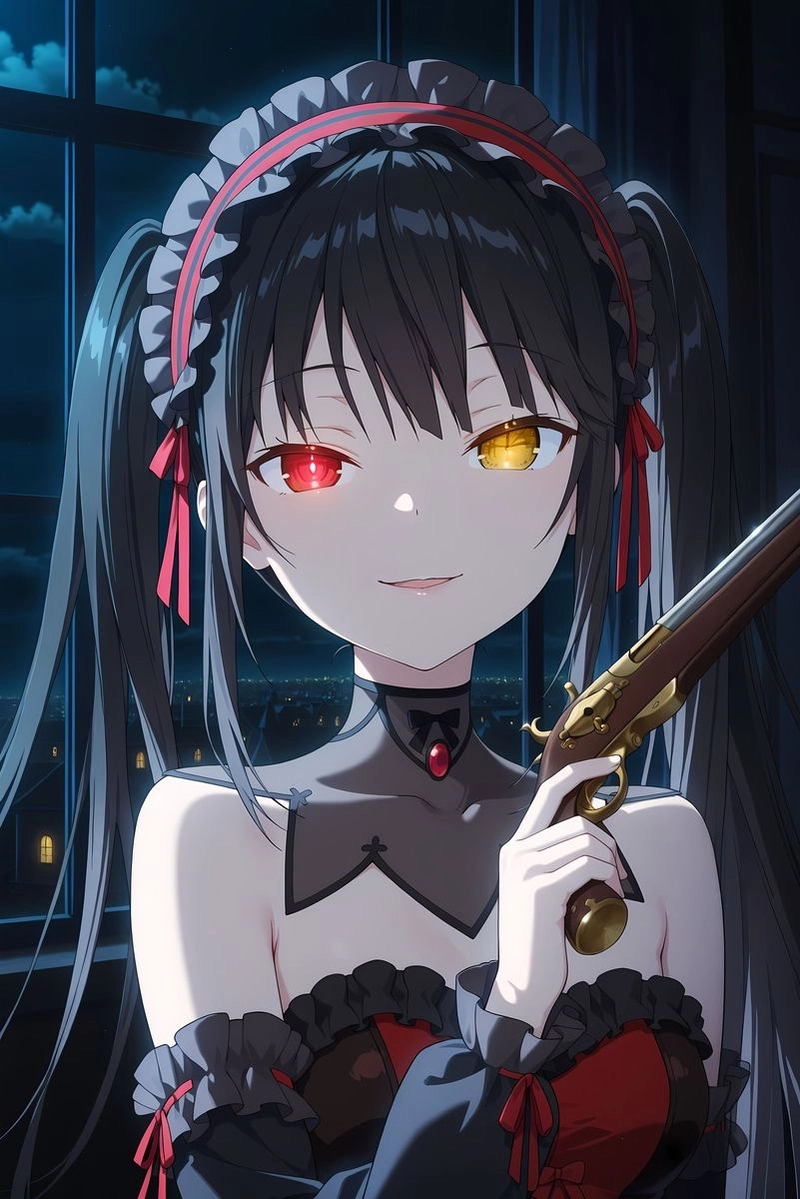 Hình ảnh anime Kurumi cầm súng cổ trong khung cảnh tối