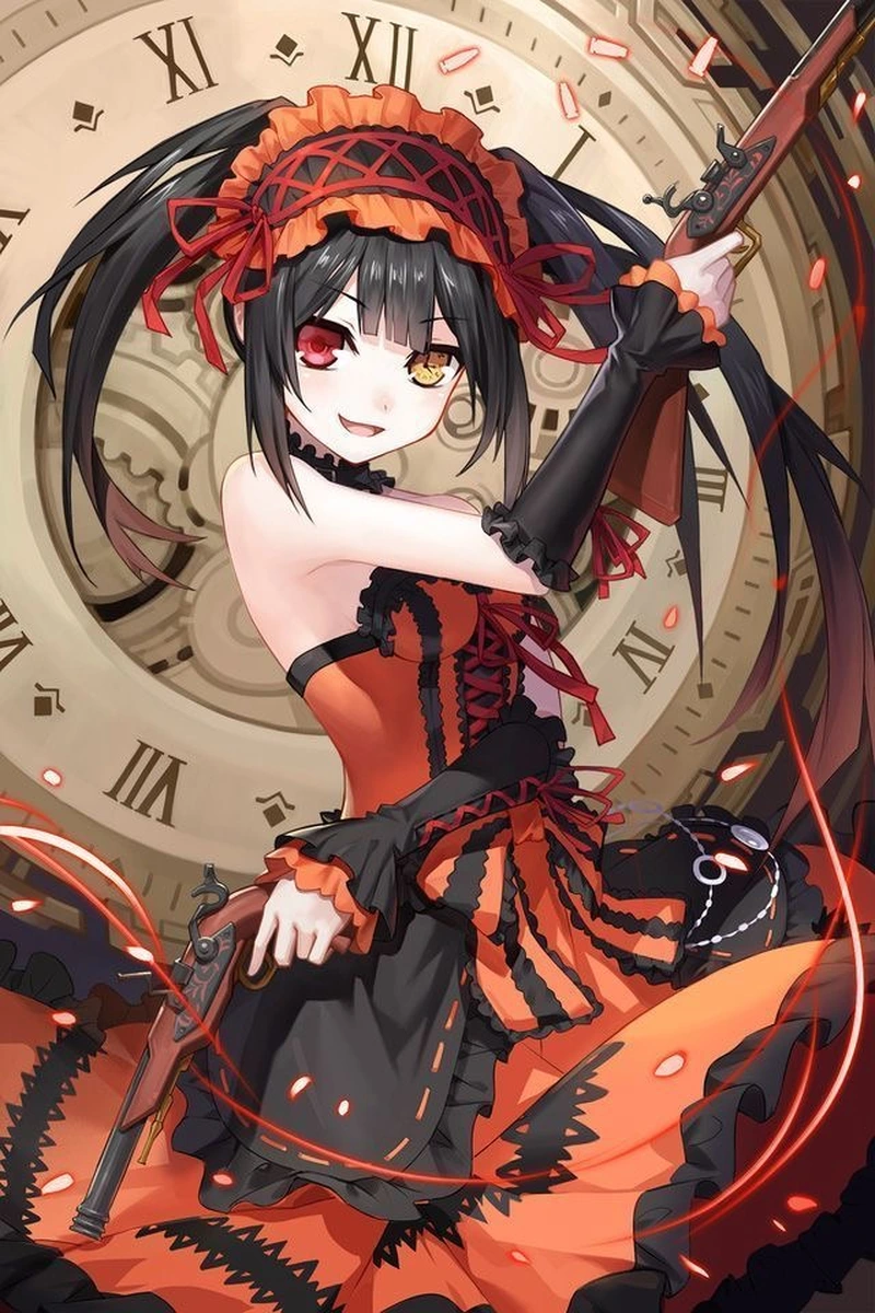Hình ảnh anime Kurumi với đôi mắt dị sắc và đồng hồ phía sau