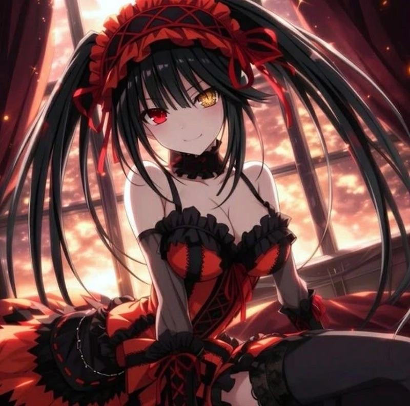 Hình ảnh anime Kurumi xuất hiện cùng chiếc đồng hồ khổng lồ phía sau
