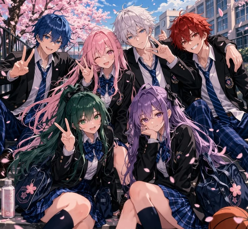 ảnh nhóm anime vui vẻ trong chuyến phiêu lưu thú vị