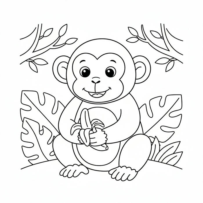 ảnh tranh tô màu con khỉ trong rừng ăn chuối
