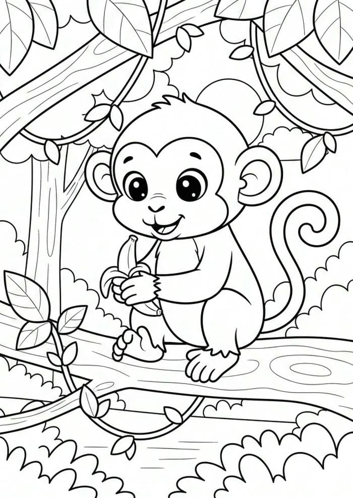 ảnh tranh tô màu con khỉ trong rừng